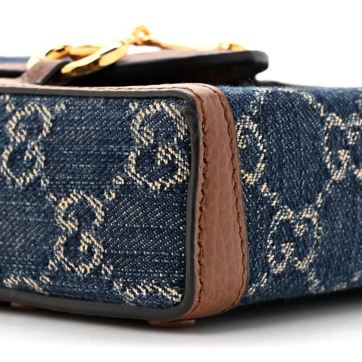 New Denim GG Monogram Dollar Calfskin Mini Horsebit 1955 Crossbody Bag Blue Tea Cuir Epilog