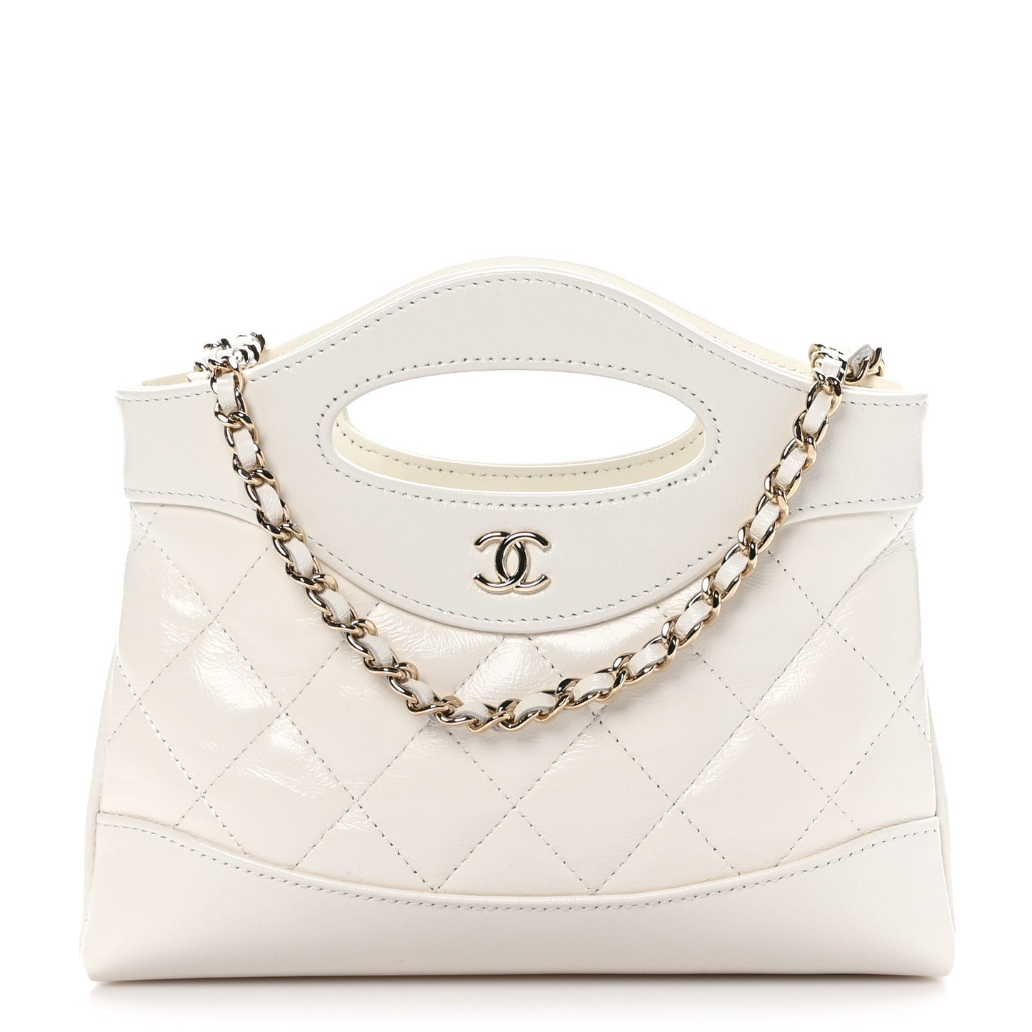 Shiny Crumpled Calfskin Quilted Nano 31 Shopping Bag White