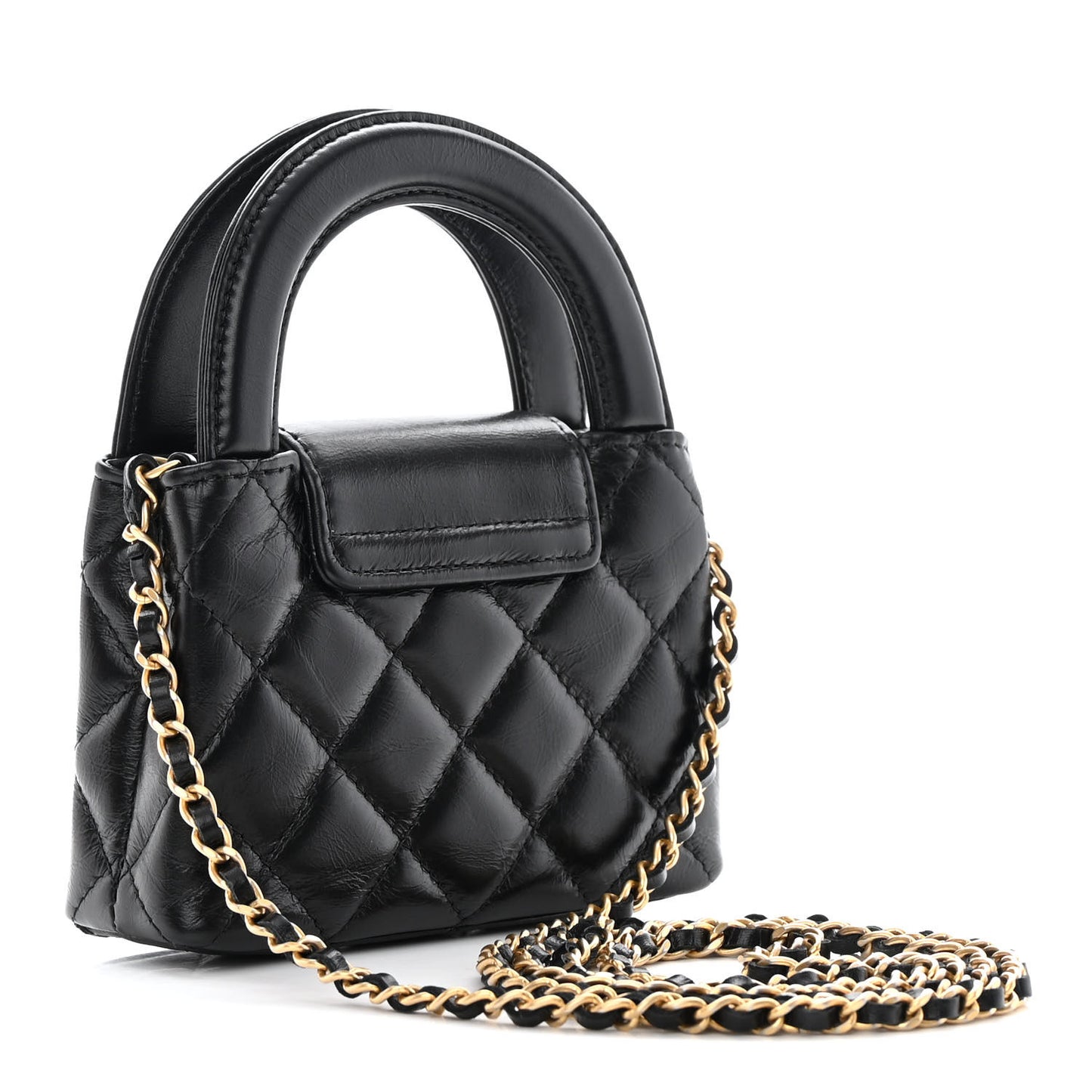 Shiny Aged Calfskin Quilted Mini Nano Kelly Shopper Black
