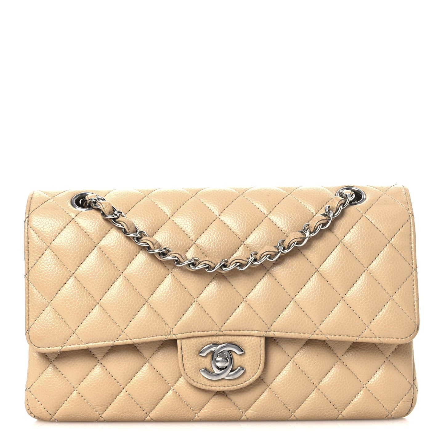 Caviar Quilted Medium Double Flap Beige