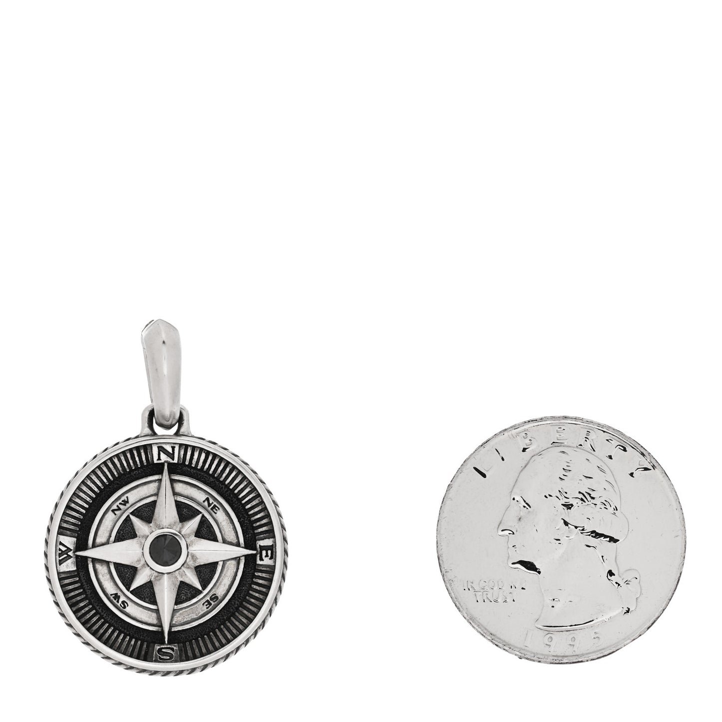 Sterling Silver Black Diamond Maritime Compass Enhancer Pendant