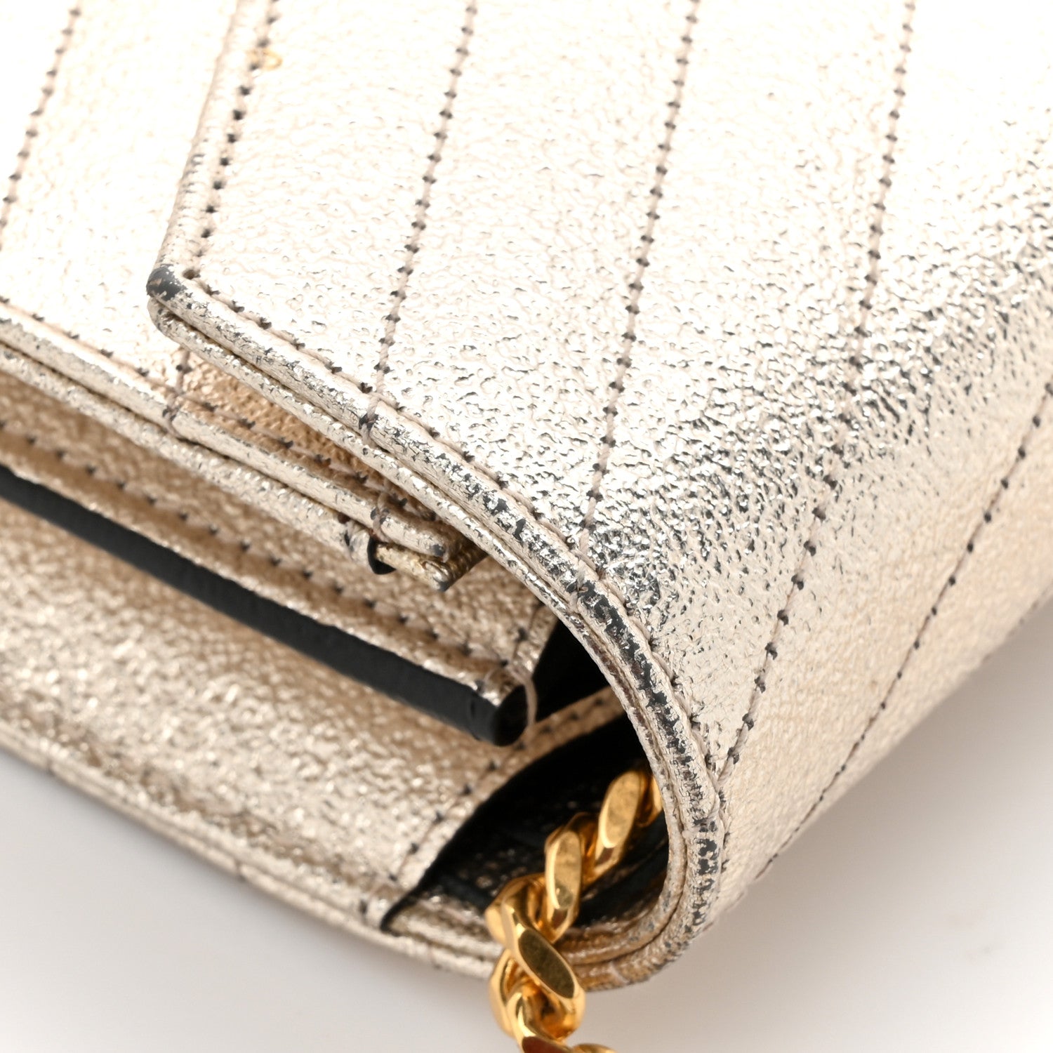 Saint Laurent Metallic Crackled Calfskin Matelasse Chevron Monogram Chain Wallet Gold 14 of 17