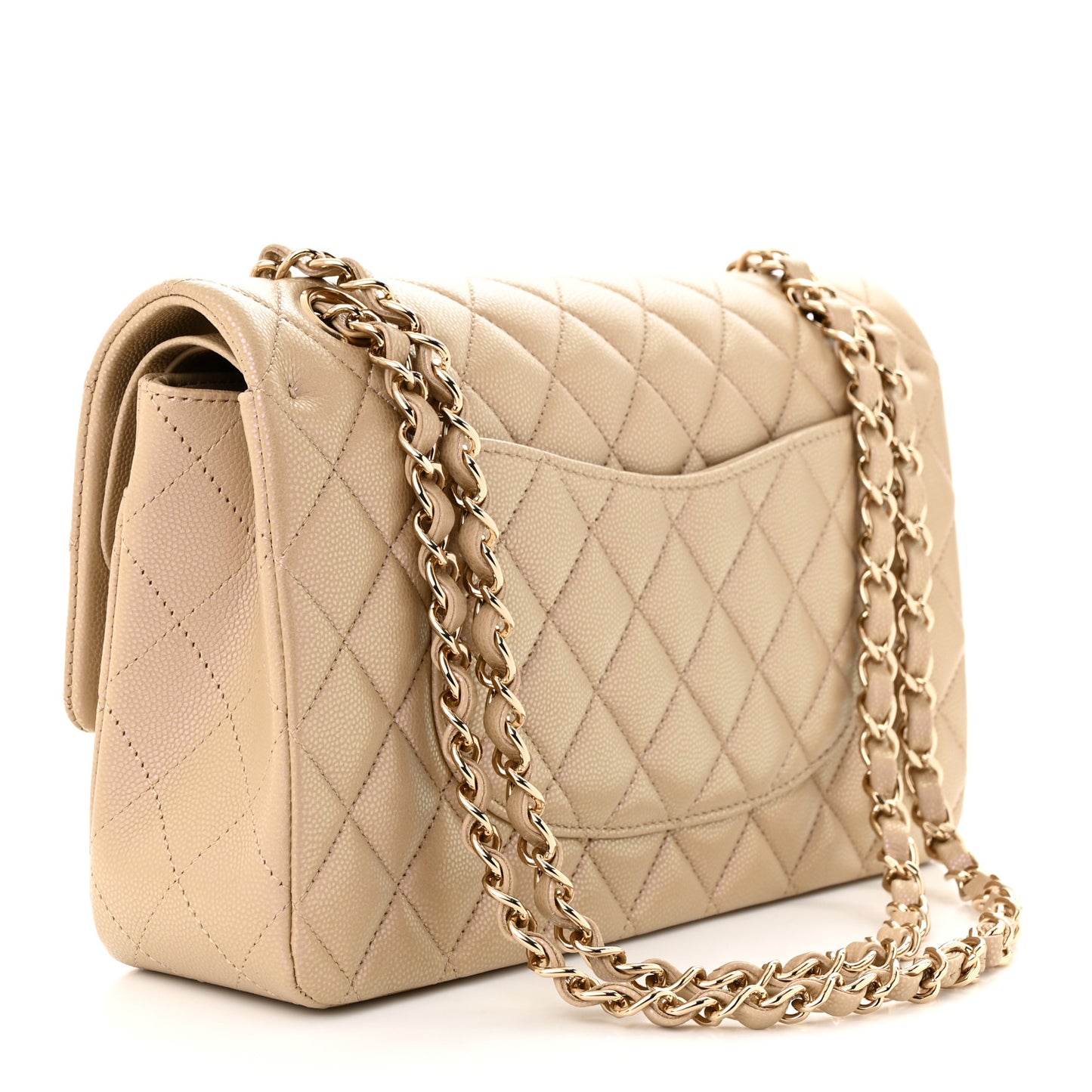 Iridescent Caviar Quilted Medium Double Flap Dark Beige