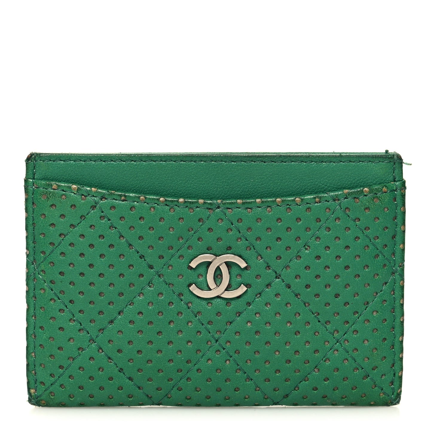 Perforated Lambskin Quilted Card Holder Green
