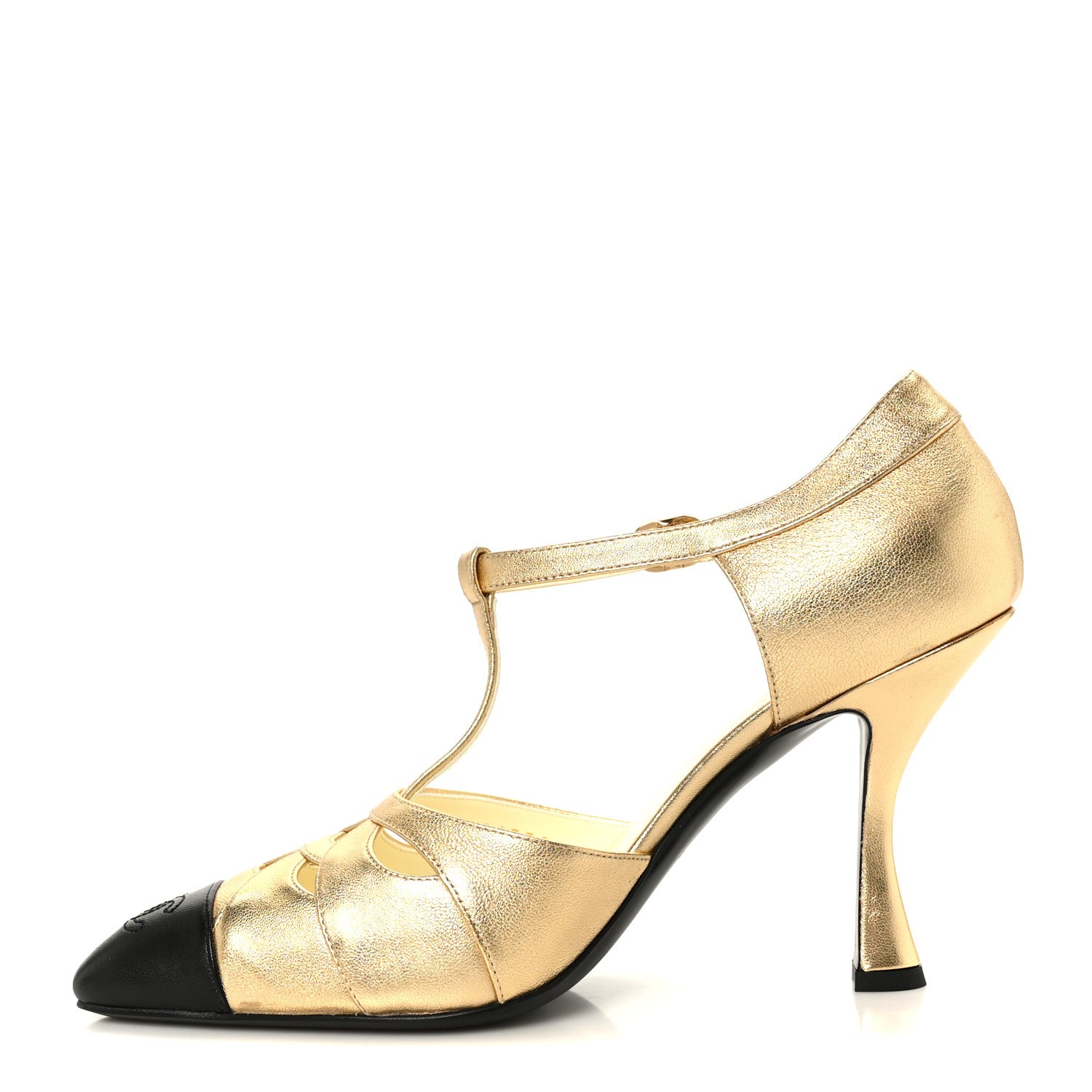 CHANEL ゴールド ミュール 中ヒール Chanel Laminated Lambskin Cap Toe CC Mary Jane Pumps 38 Gold Black