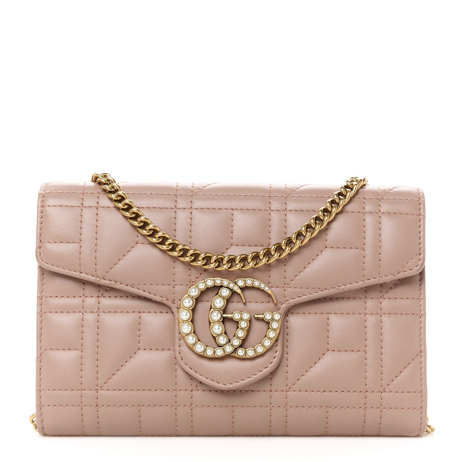 Gucci Calfskin Matelasse Mini Pearly GG Marmont Chain Wallet Porcelain Rose 1 of 12