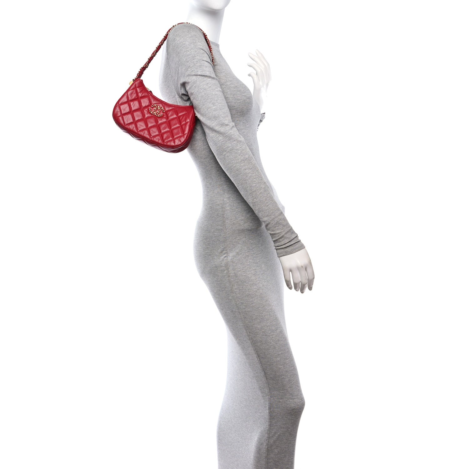 Chanel Crumpled Calfskin Quilted Braided CC Small Hobo Red 2 of 16