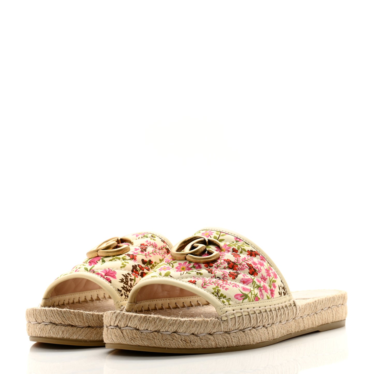 Nappa Matelasse Diagonal Floral Print GG Marmont Pilar Espadrille Slide Sandals 39 Ivory Pink