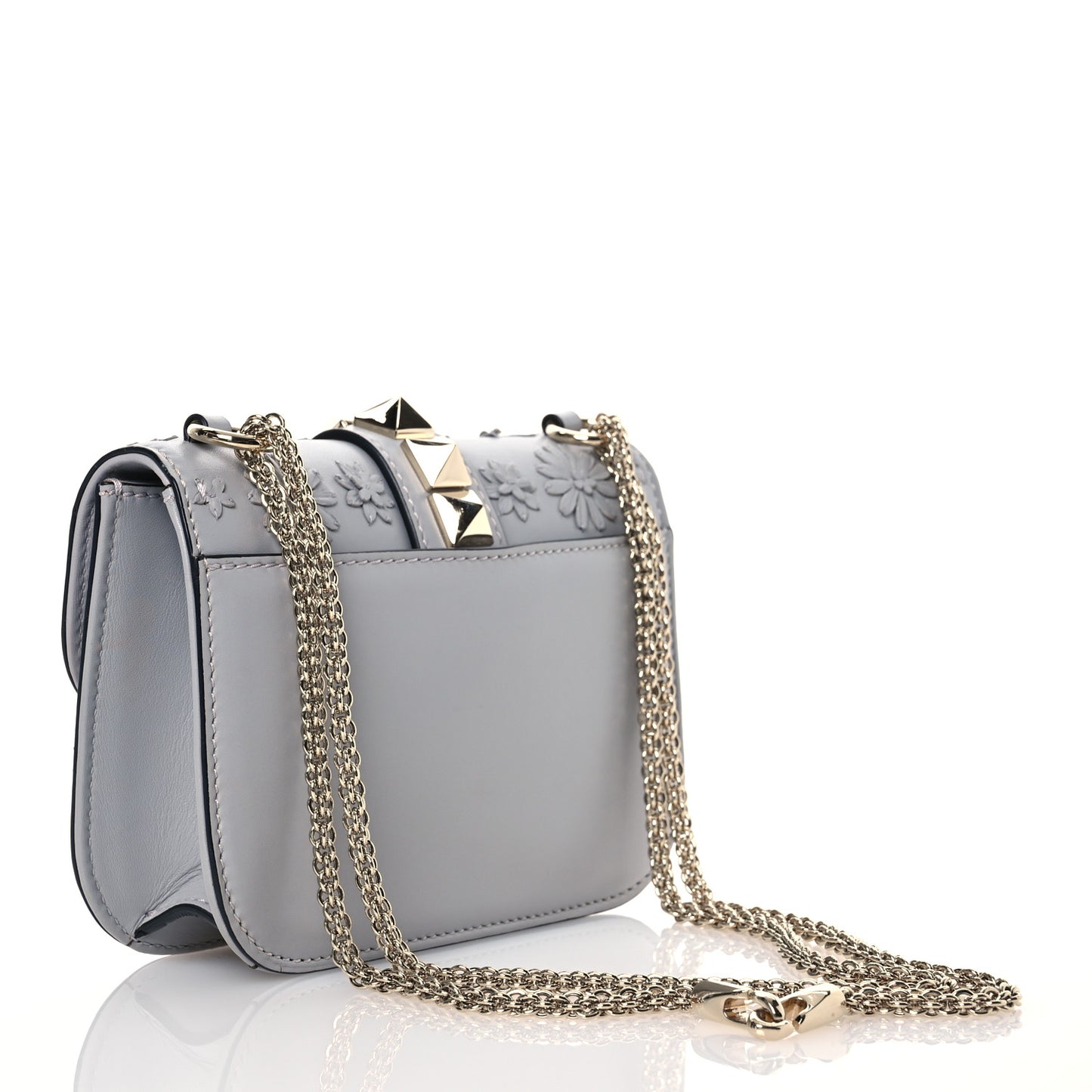 Vitello Flower Embellished Small Glam Lock Rockstud Flap Pastel Grey