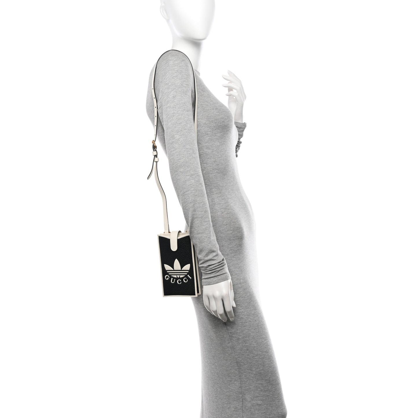 X ADIDAS Textured Dollar Calfskin Trefoil Embossed Phone Crossbody Bag Black Off White
