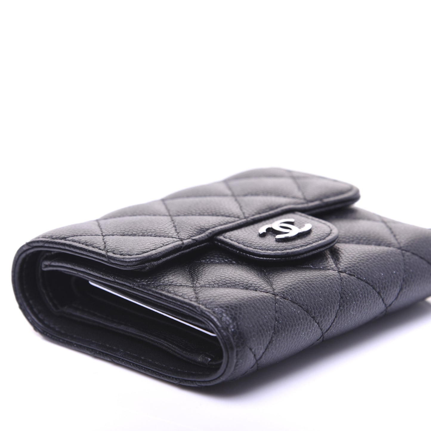 Iridescent Caviar Quilted Compact Flap Wallet Black