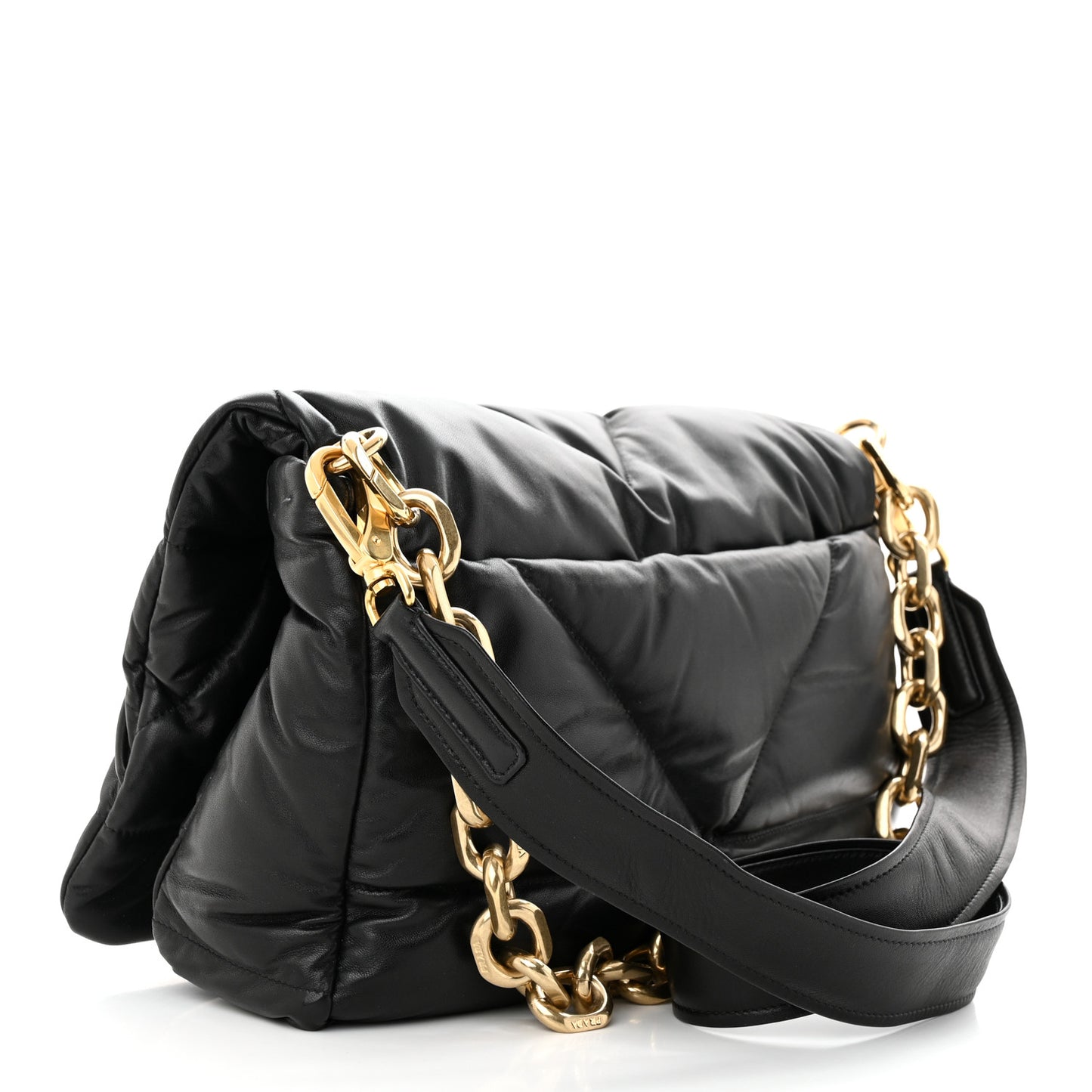 Nappa Soft Padded Logo Embossed Triangle Quilted Shoulder Bag Black