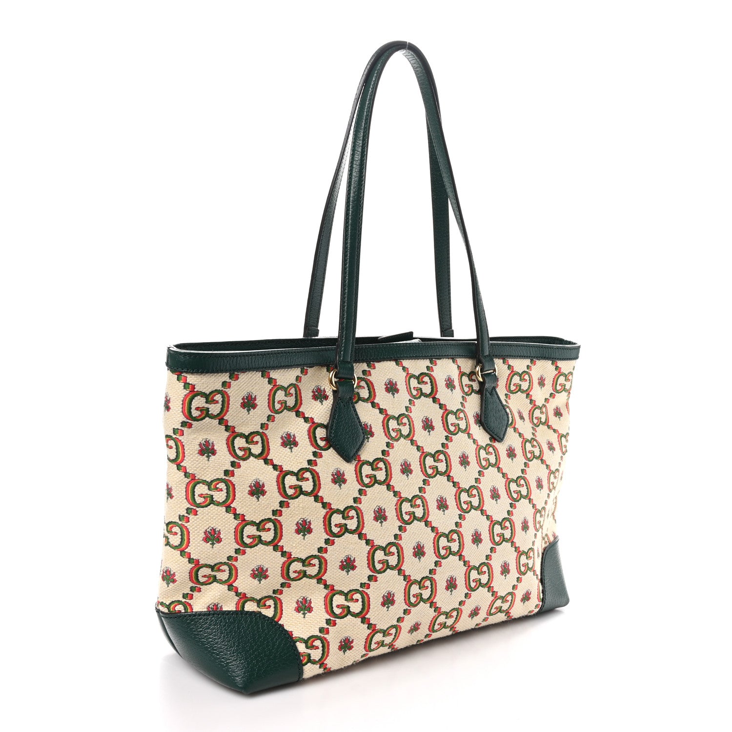 Gucci Cotton Textured Dollar Calfskin GG Monogram Floral Medium Gucci 100 Ophidia Tote Bag Beige Green Multicolor Vintage Green 3 of 9