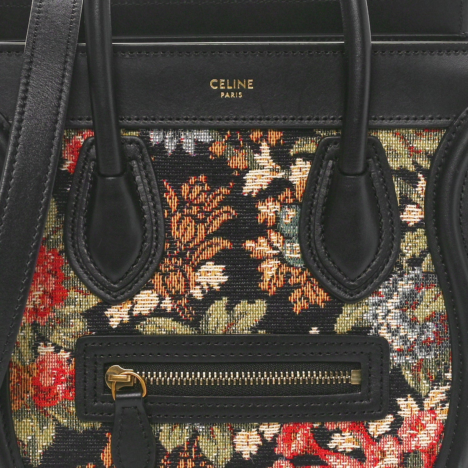 Celine Calfskin Lambskin Canvas Jacquard Floral Nano Luggage Black 7 of 9