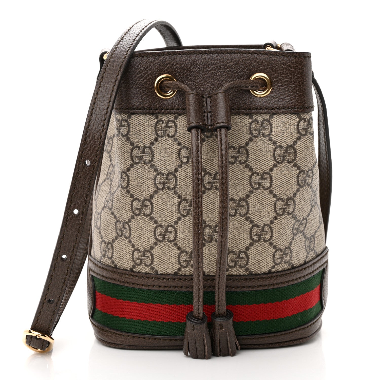 Gucci GG Supreme Monogram Web Mini Ophidia Bucket Bag Brown 1 of 10