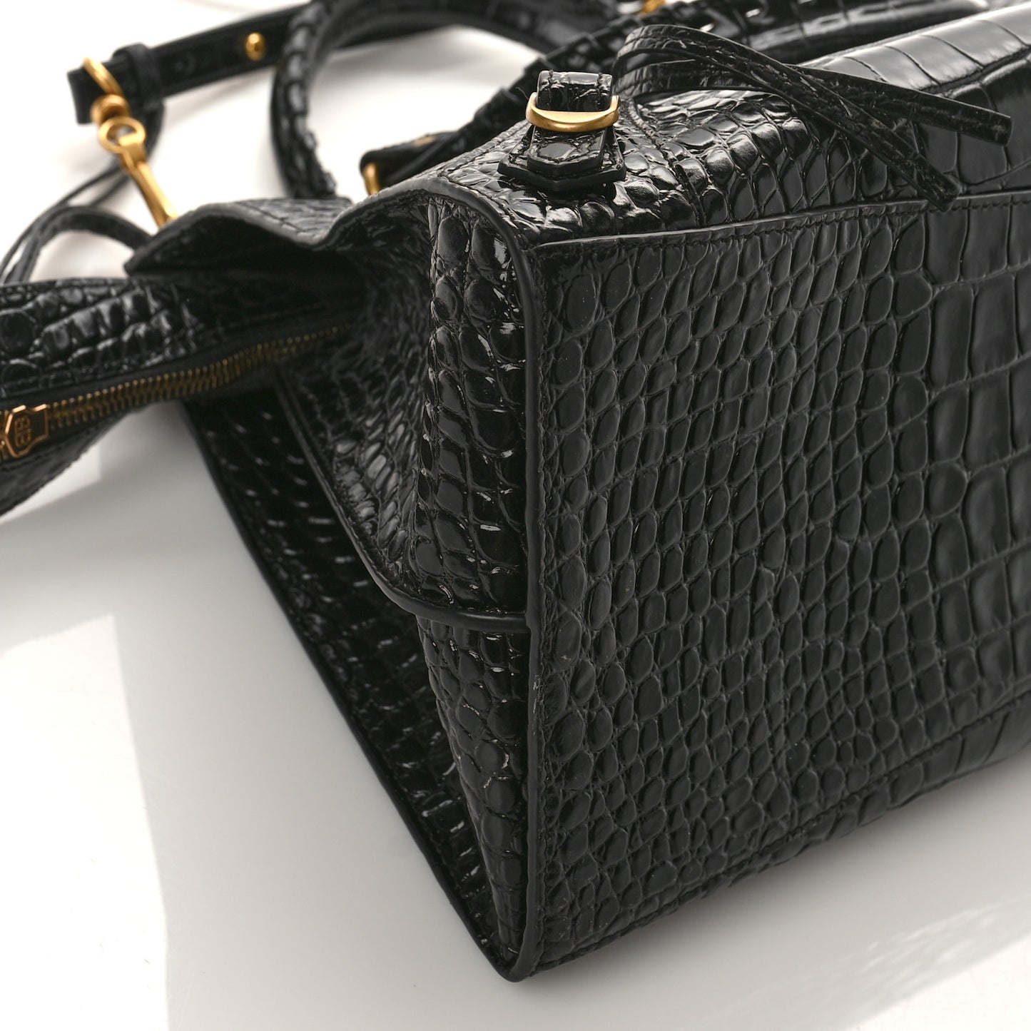 Shiny Supple Calfskin Crocodile Embossed Brass Hardware Neo Classic City Black
