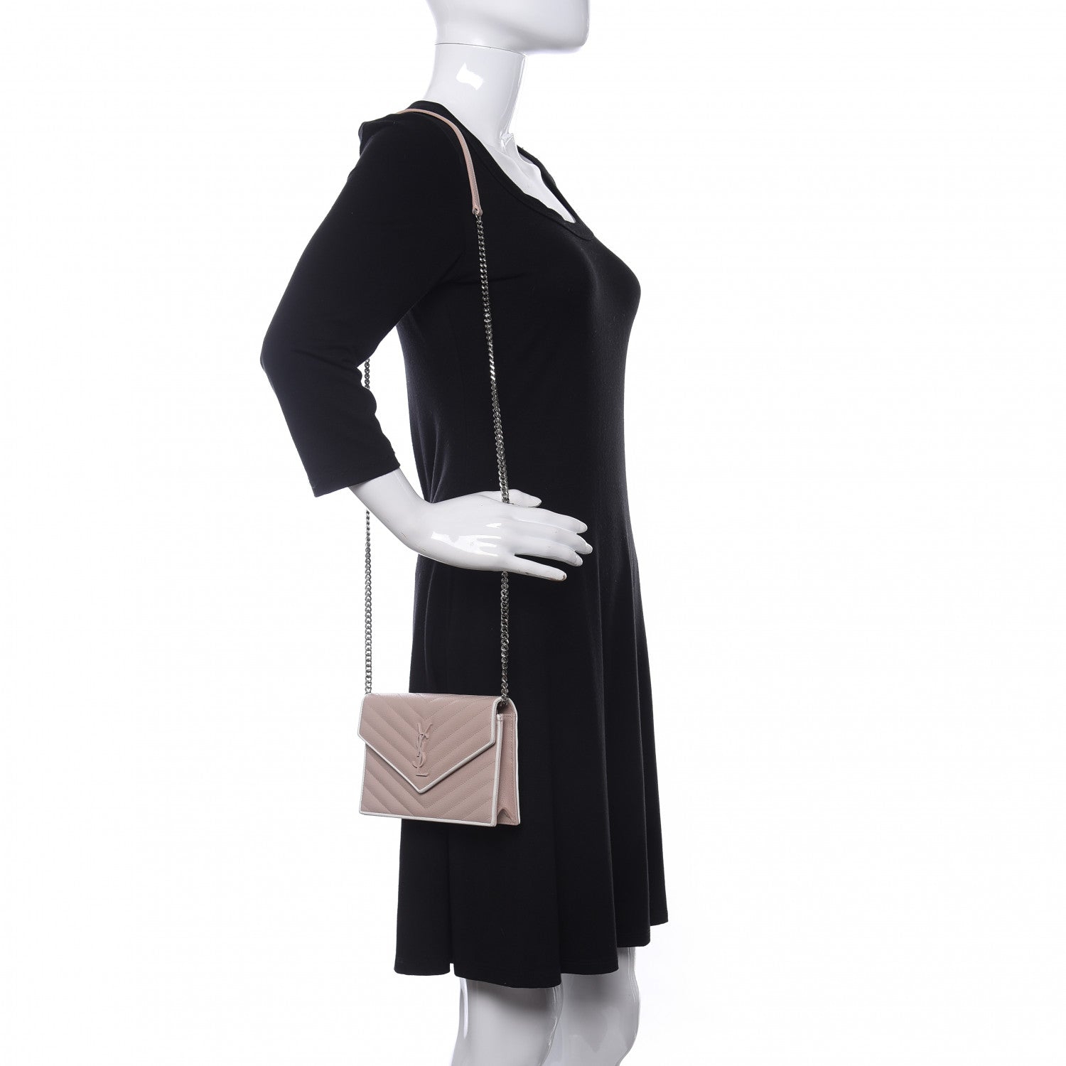 Saint Laurent Grain De Poudre Matelasse Chevron Monogram Envelope Chain Wallet Pink White 3 of 23