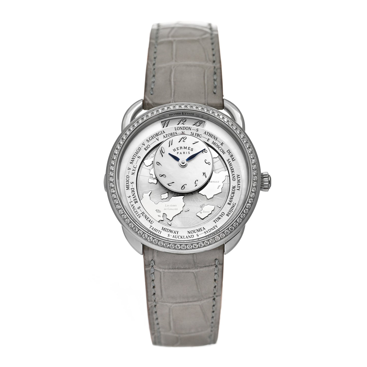 Stainless Steel Alligator Diamond Bezel Mother of Pearl 38mm Arceau Le Temps Voyageur Automatic Watch Gris Perle