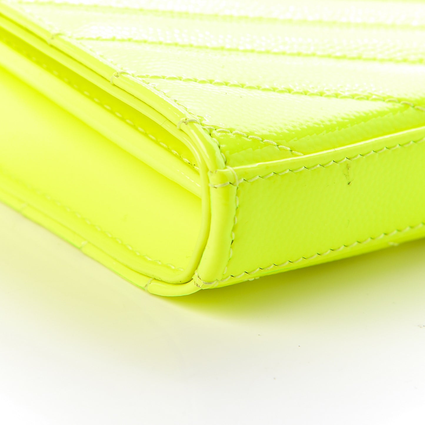 Patent Grain De Poudre Matelasse Chevron Monogram Chain Wallet Neon Yellow
