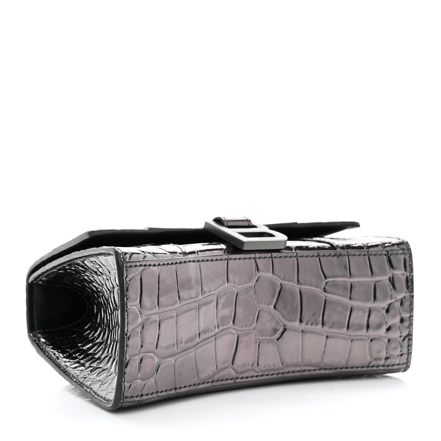 Balenciaga Metallic Shiny Calfskin Crocodile Embossed Hourglass Top Handle Bag XS Gunmetal 4 of 15