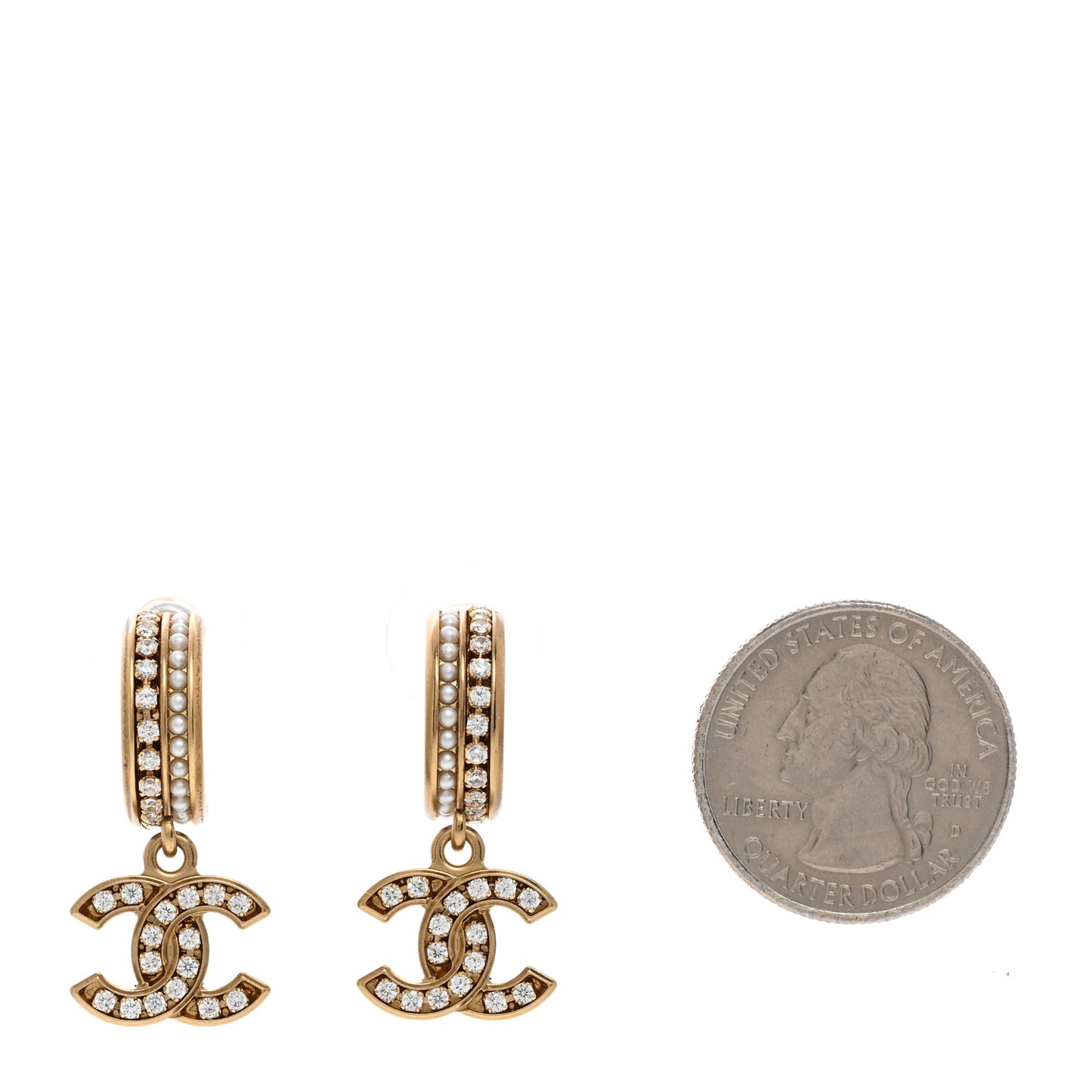 Crystal Pearl CC Hoop Drop Earrings Gold