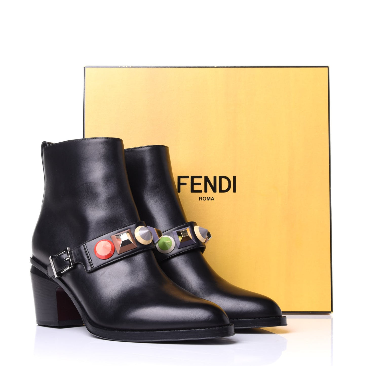 Calfskin Rainbow-Stud Ankle Boots 38.5 Black Multicolor