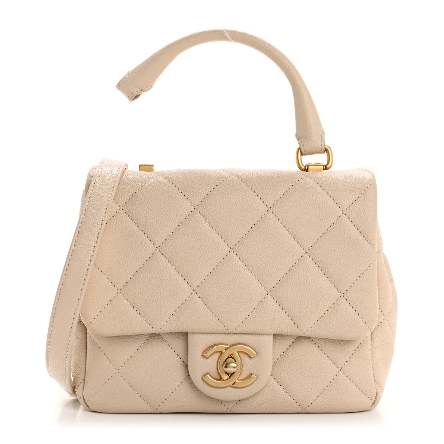Shiny Caviar Quilted Mini Top Handle Flap Ecru