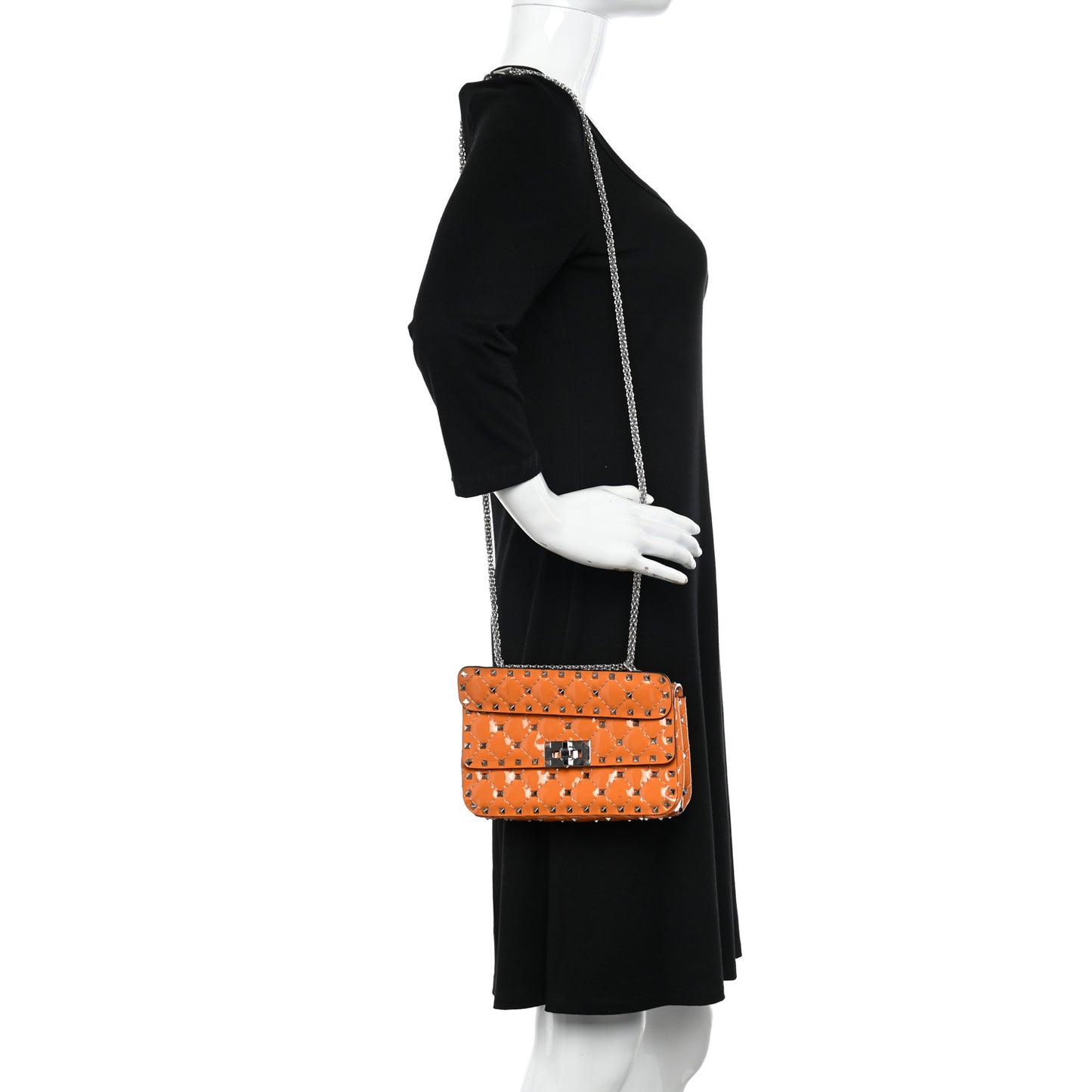 Patent Small Rockstud Spike Shoulder Bag Orange