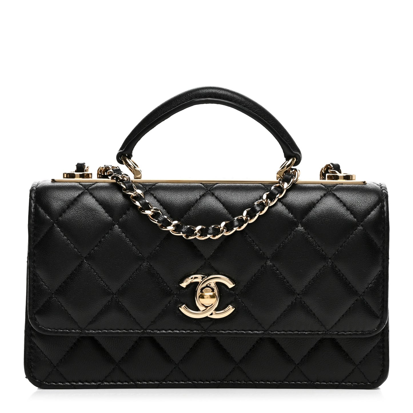 Lambskin Quilted Trendy CC Dual Handle Clutch With Chain Black