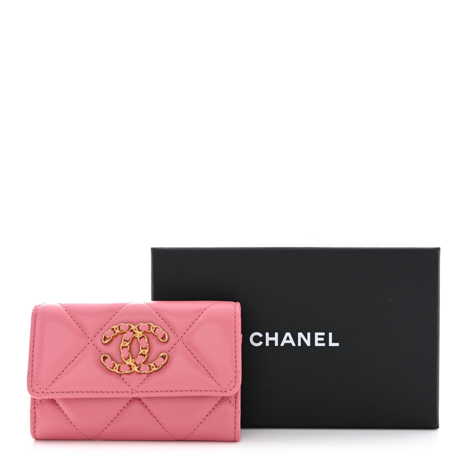 Chanel Shiny Goatskin Quilted Chanel 19 Flap Card Holder Pink 9 of 9