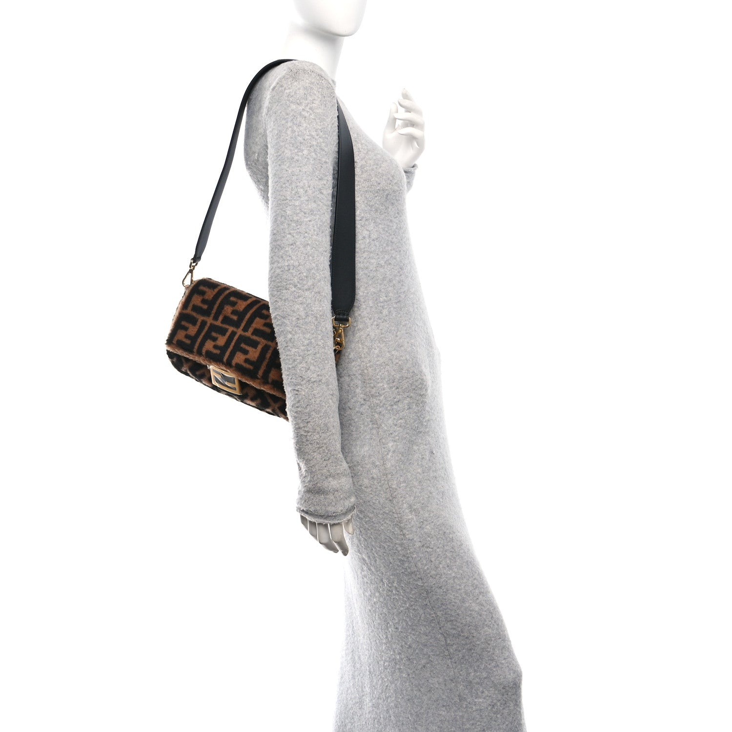 Fendi Shearling Vitello Dolce Macro FF 1974 Baguette Tobacco Black 2 of 10