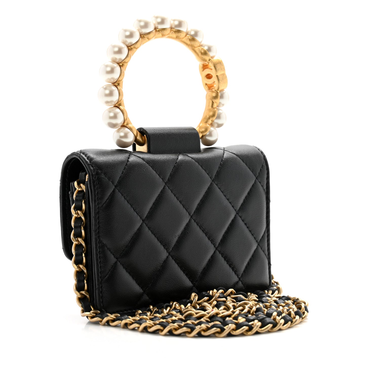 Lambskin Quilted Pearl Crown Clutch With Chain Black