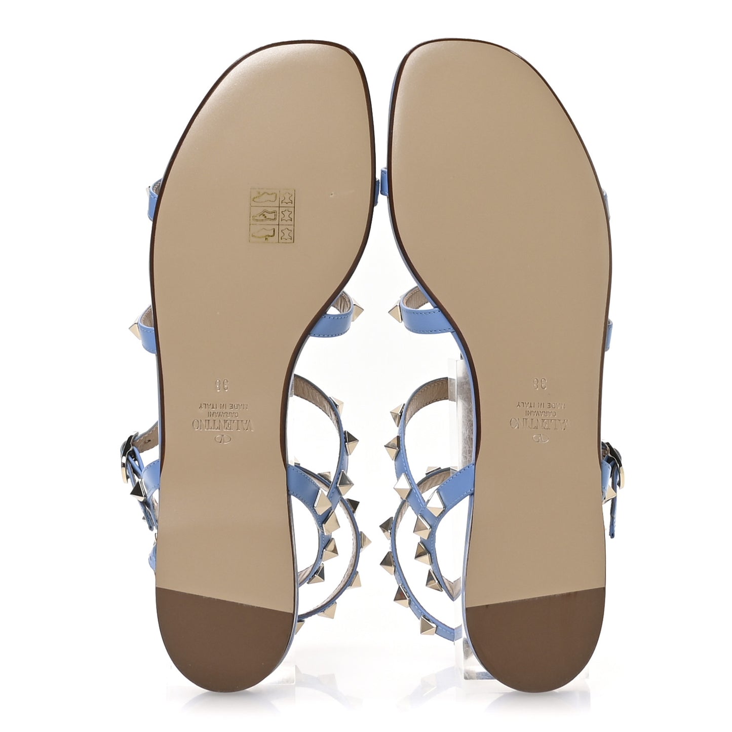 Calfskin Rockstud Gladiator Flat Sandals 36 Denim
