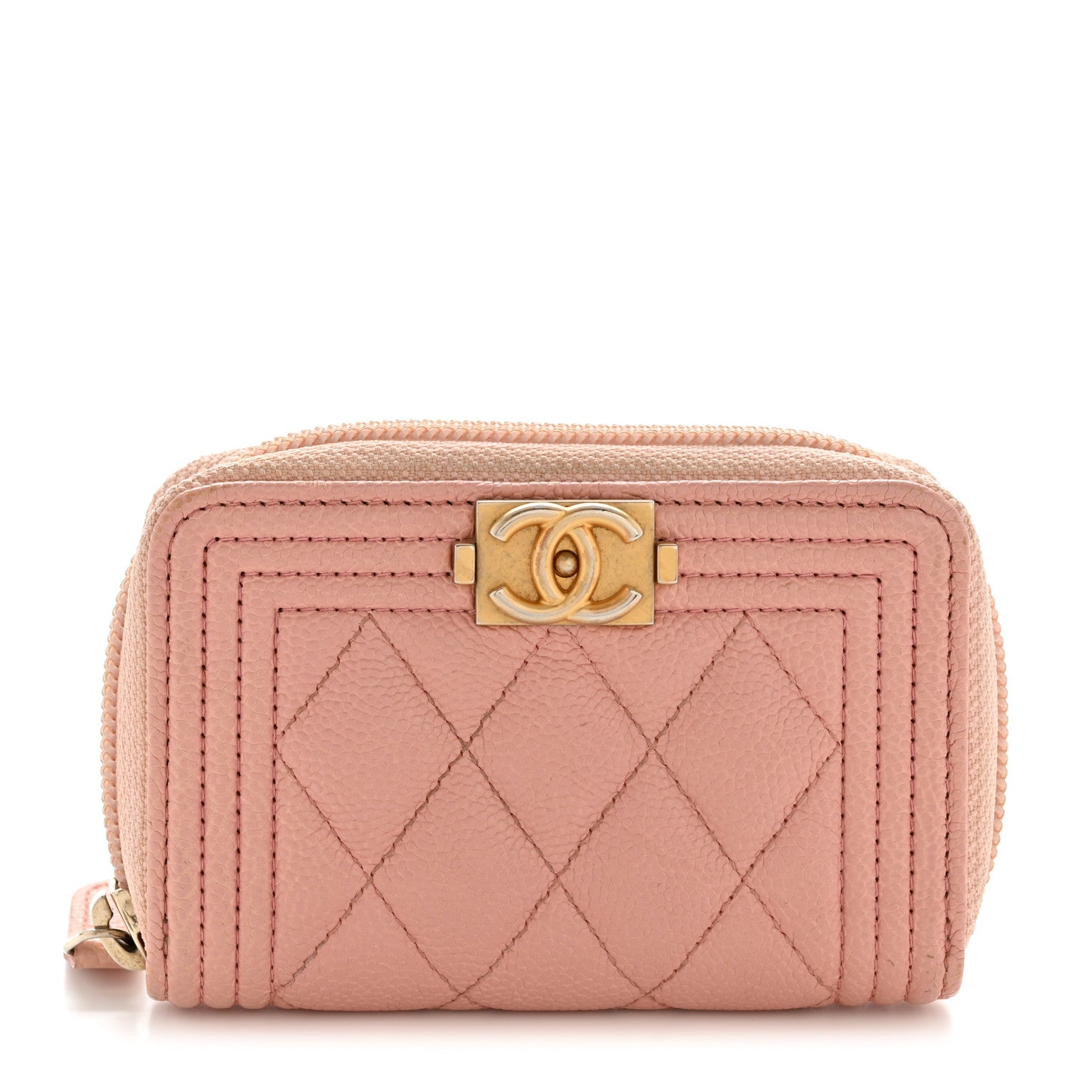 Chanel Caviar Quilted Boy Zip Around Coin Purse Wallet Light Pink