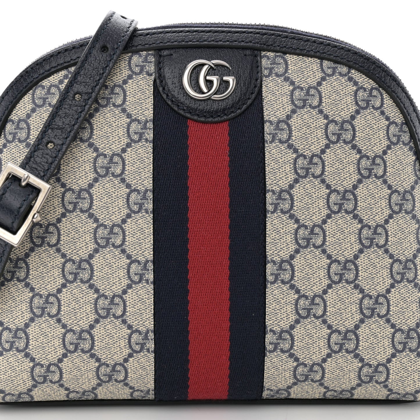 GG Supreme Monogram Textured Dollar Calfskin Web Small Ophidia Dome Shoulder Bag Beige Blue