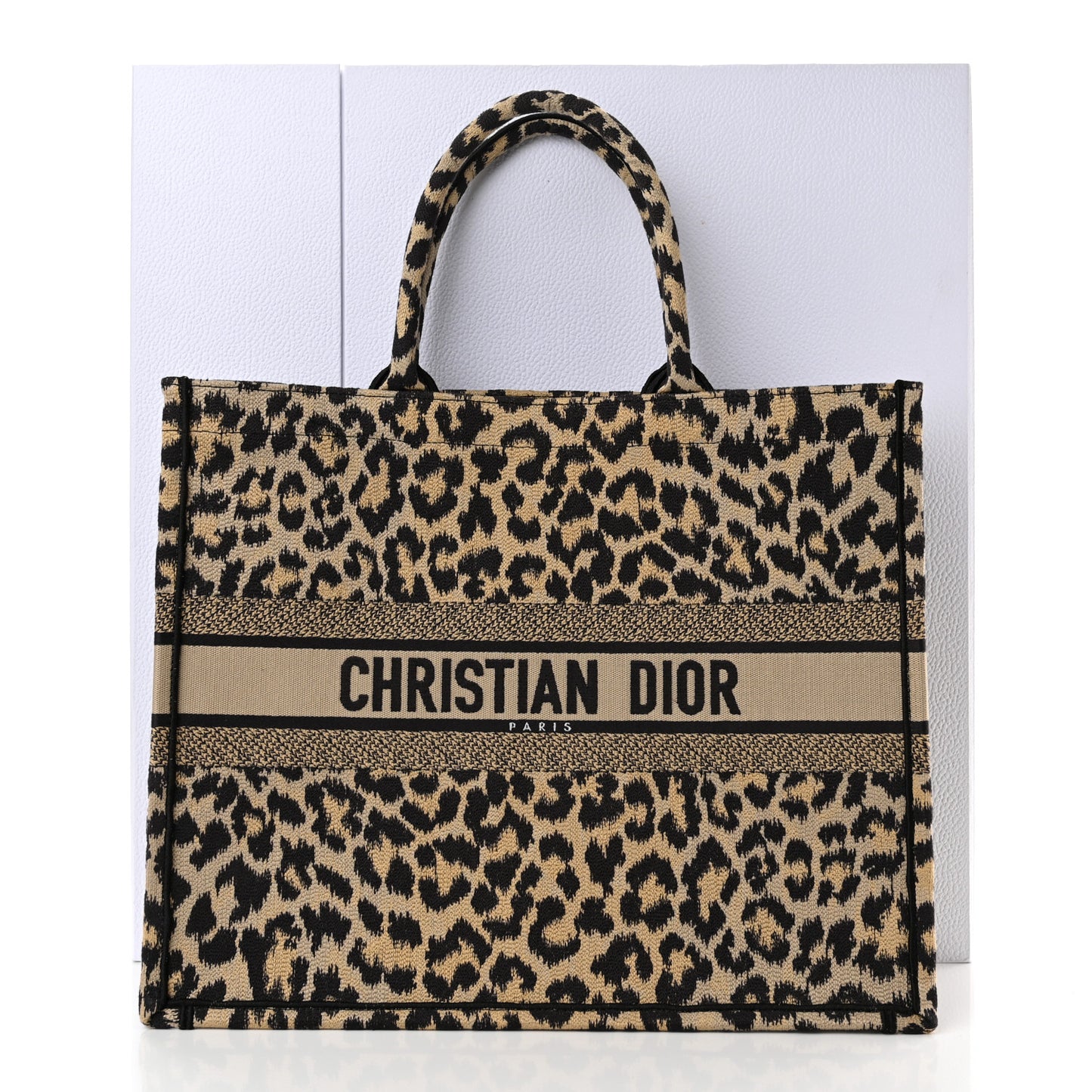 Canvas Mizza Embroidered Large Leopard Book Tote Beige