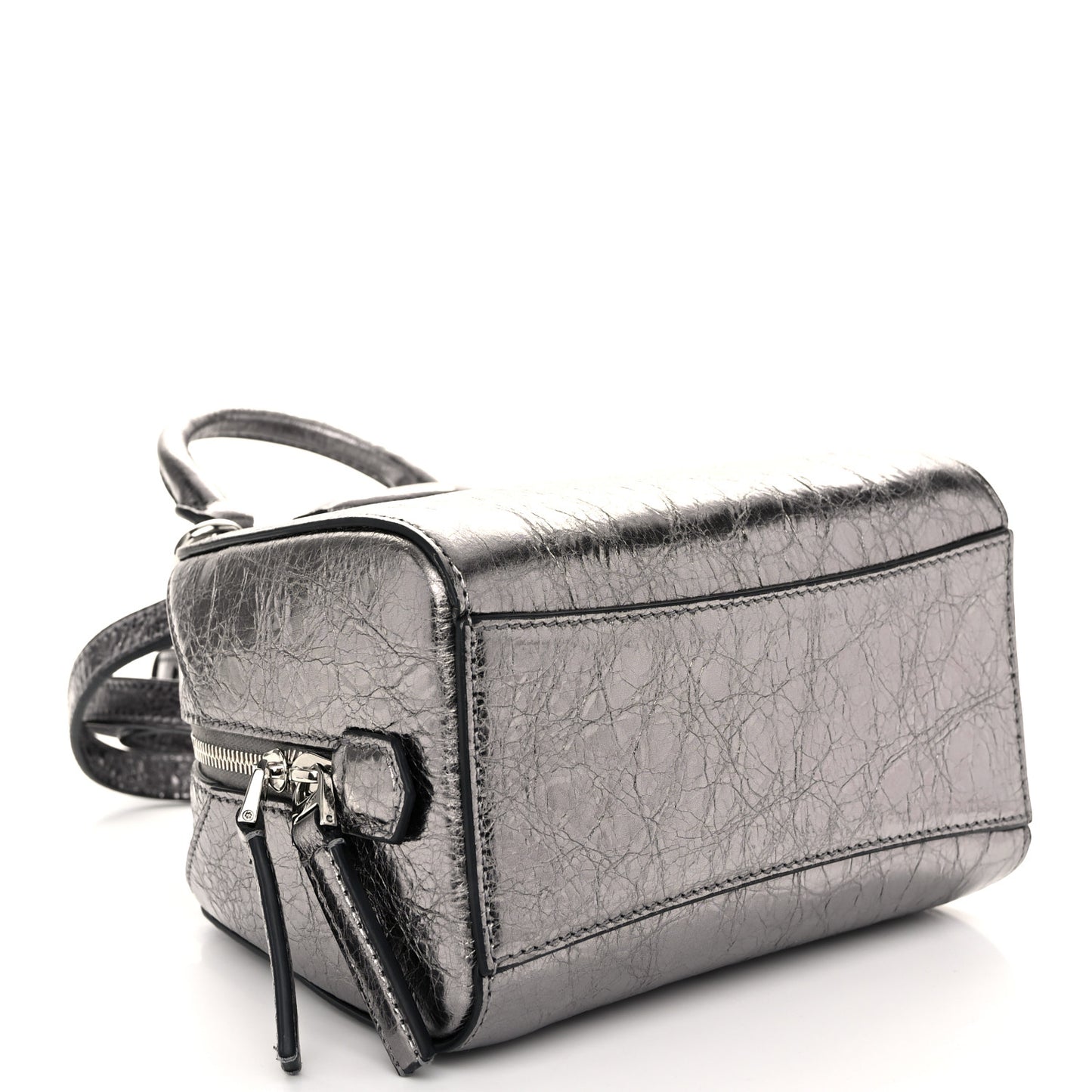 Laminated Lambskin Micro Antigona Cube Bag Silvery Grey