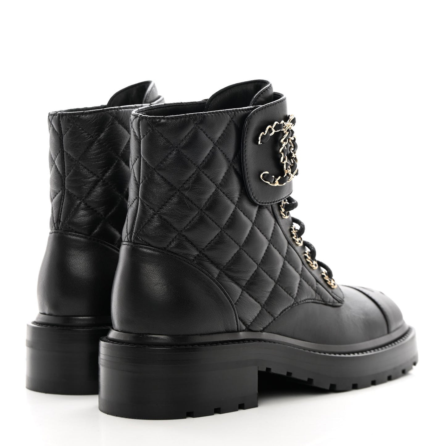 Shiny Lambskin Quilted Lace Up Combat Boots 35.5 Black