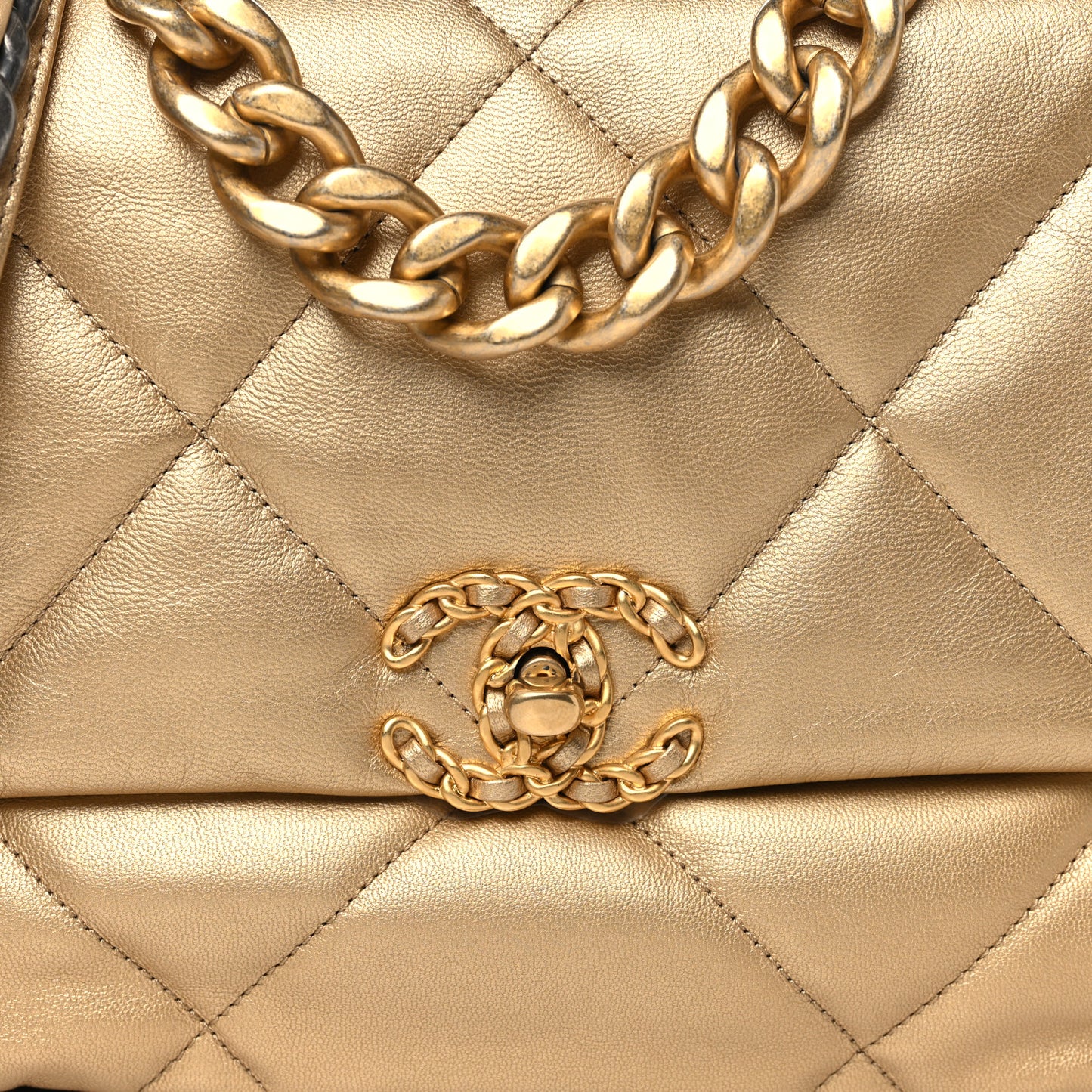 Metallic Goatskin Quilted Large Chanel 19 Flap Gold