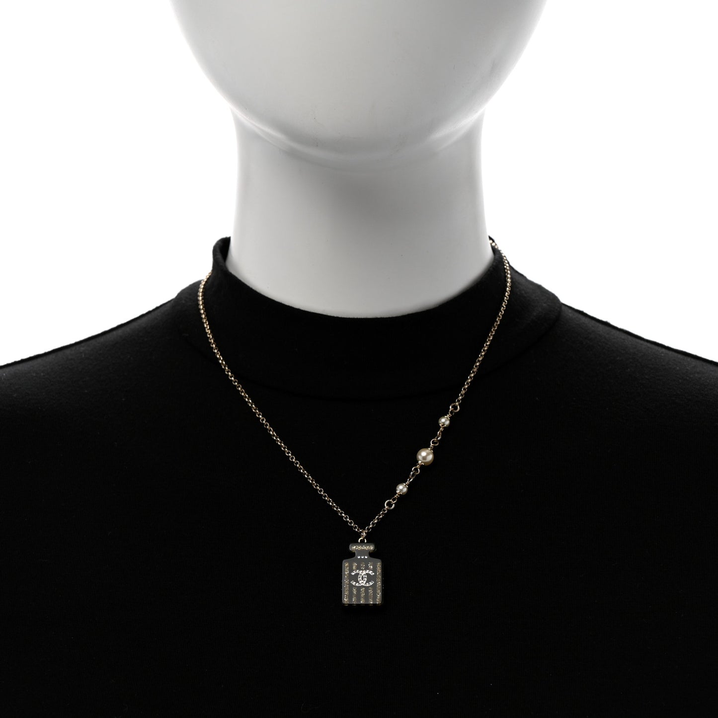 Resin Strass Pearl Perfume Bottle CC Necklace Black Gold