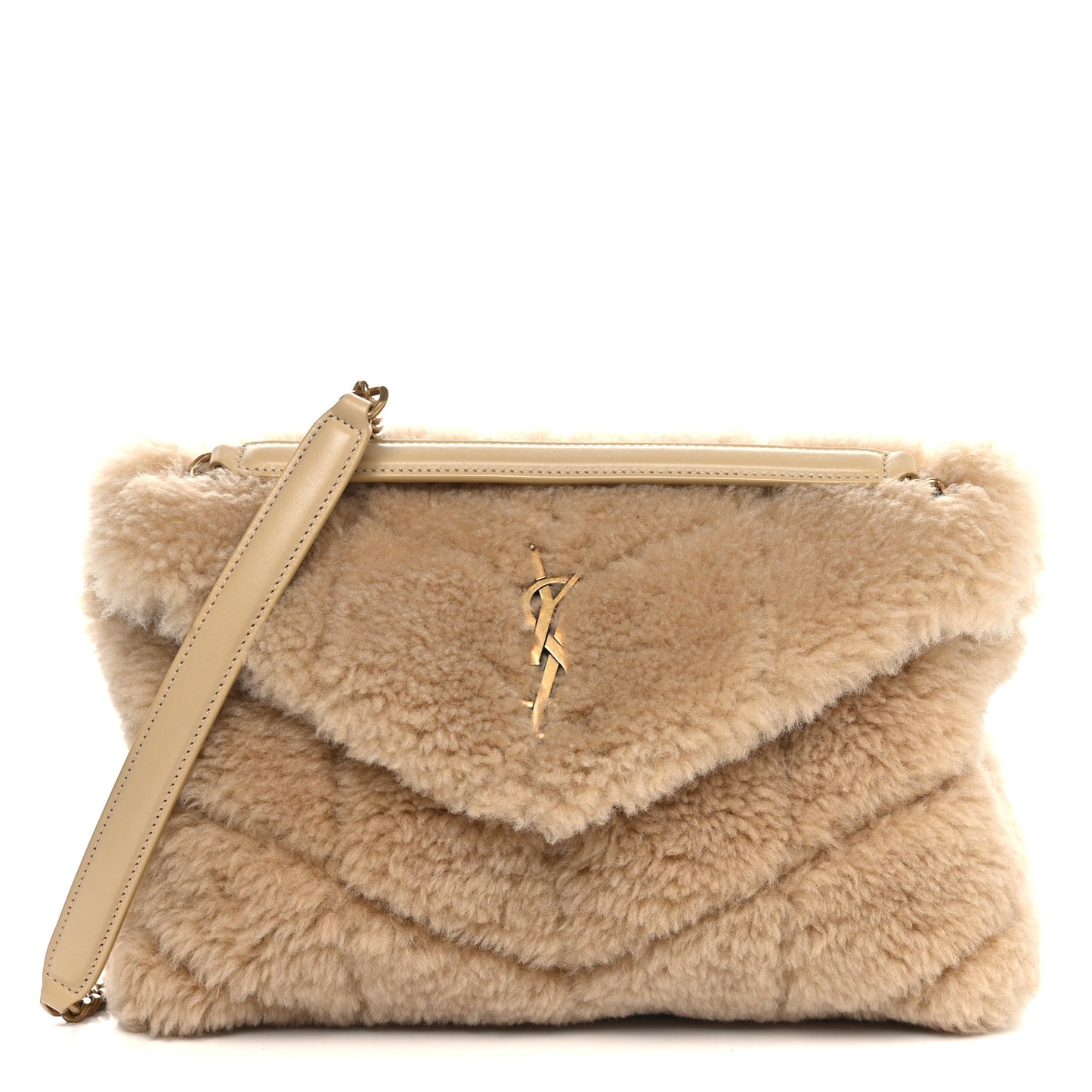 Merino Shearling Lambskin Quilted Small Loulou Puffer Monogram Chain Satchel Natural Beige