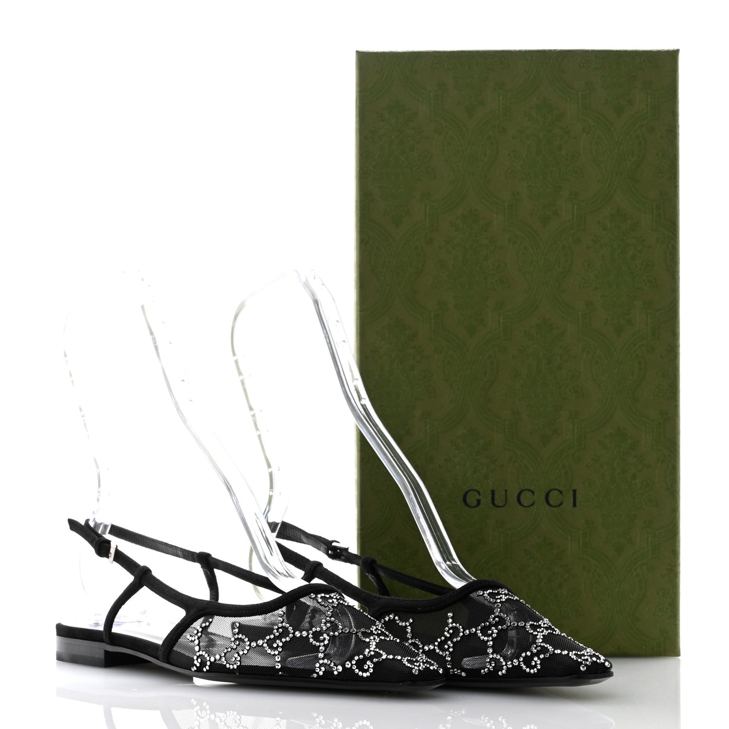 Tela Retino Kid Scamosciato Crystal GG Monogram Square Demi Ballet Flats 37 Black