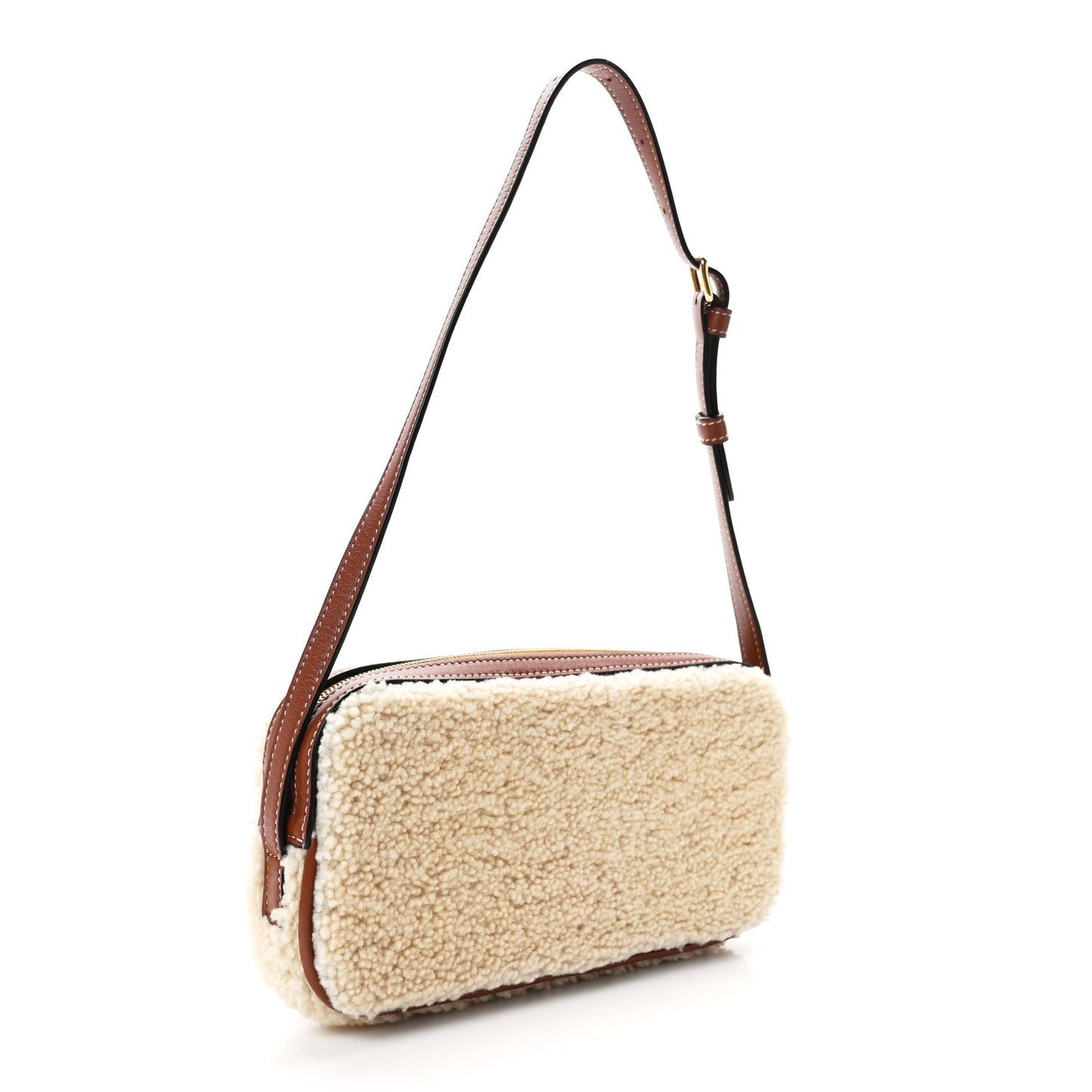Shearling Calfskin Cuir Triomphe Mini Camera Shoulder Bag Natural Tan