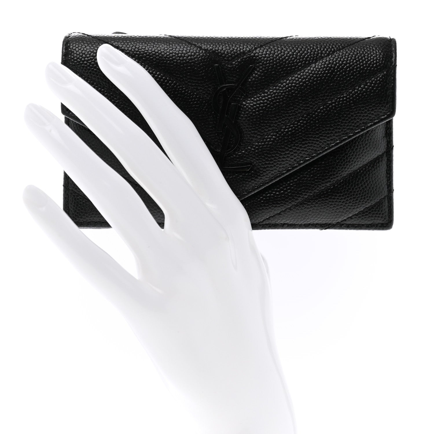 Saint Laurent Grain De Poudre Matelasse Chevron Monogram Monochrome Compact Wallet Black 2 of 8
