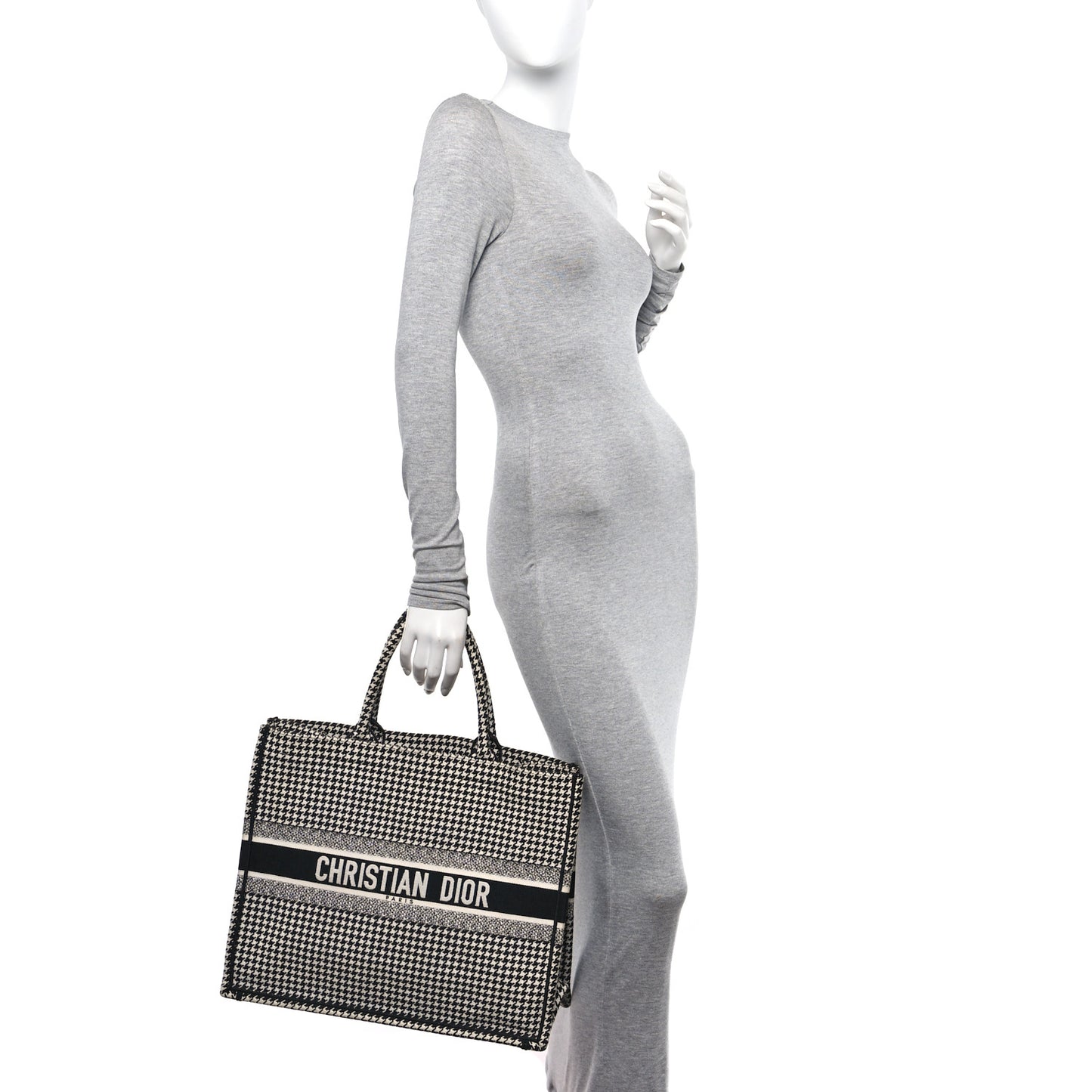 Canvas Houndstooth Embroidered Large Book Tote Black White