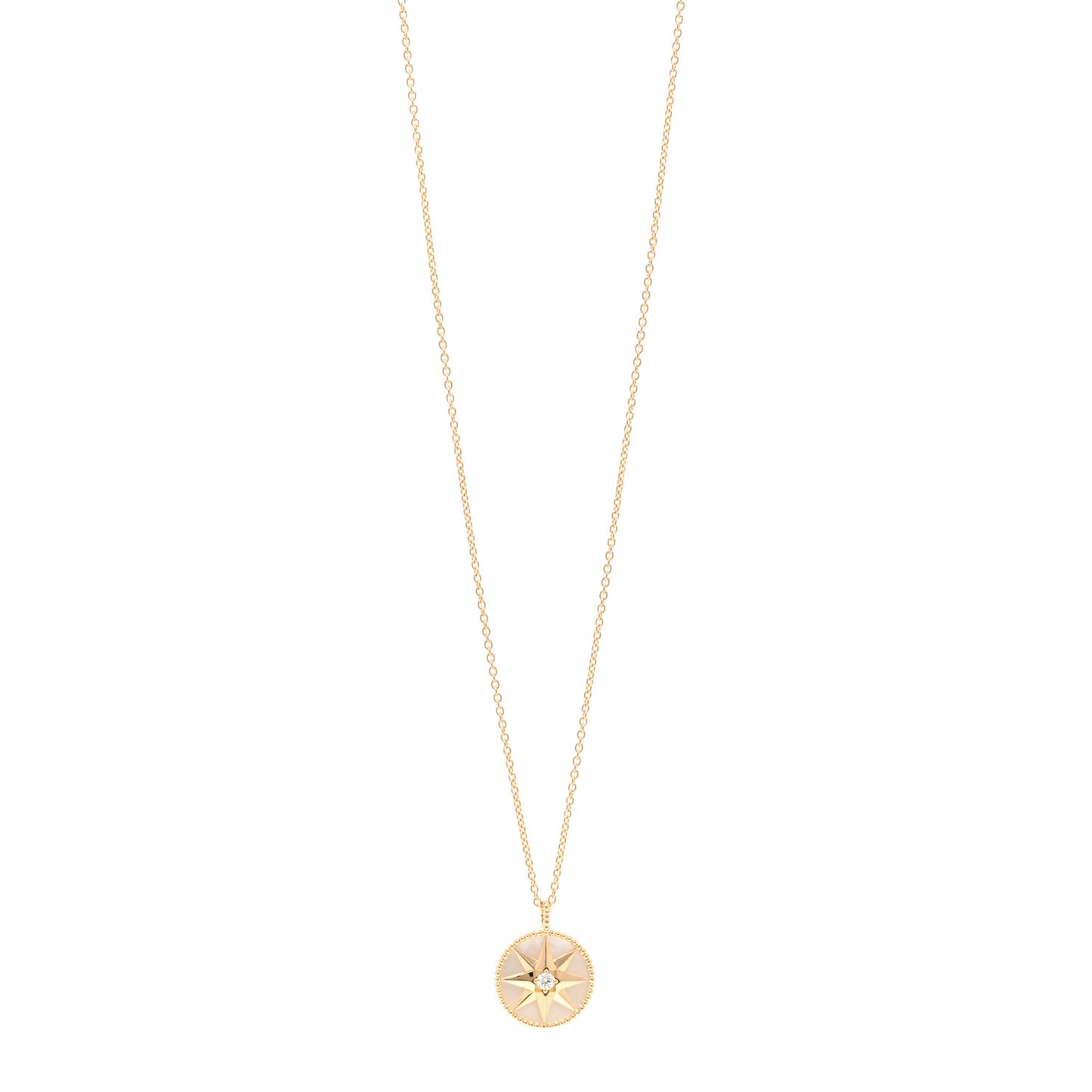18K Yellow Gold Diamond Mother of Pearl Rose Des Vents Medallion Necklace