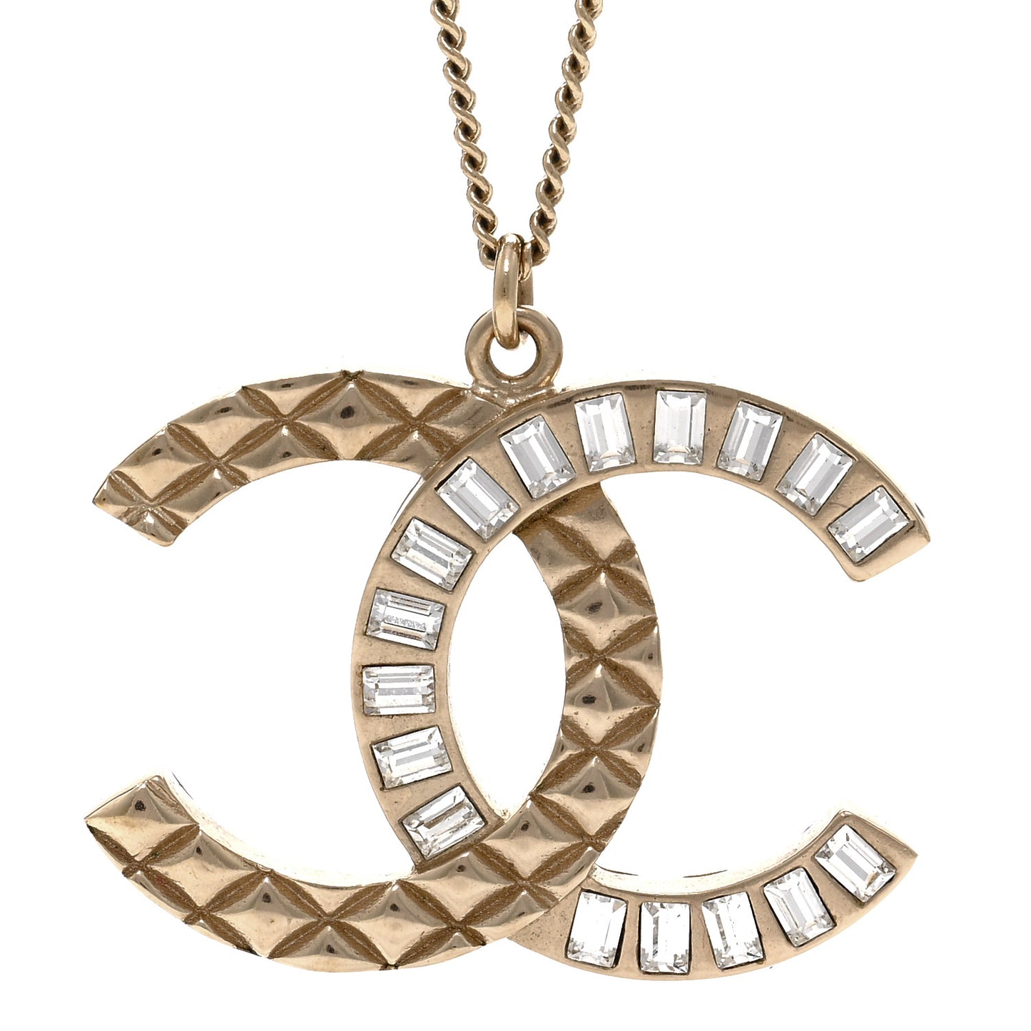 Baguette Crystal Quilted CC Pendant Necklace Gold