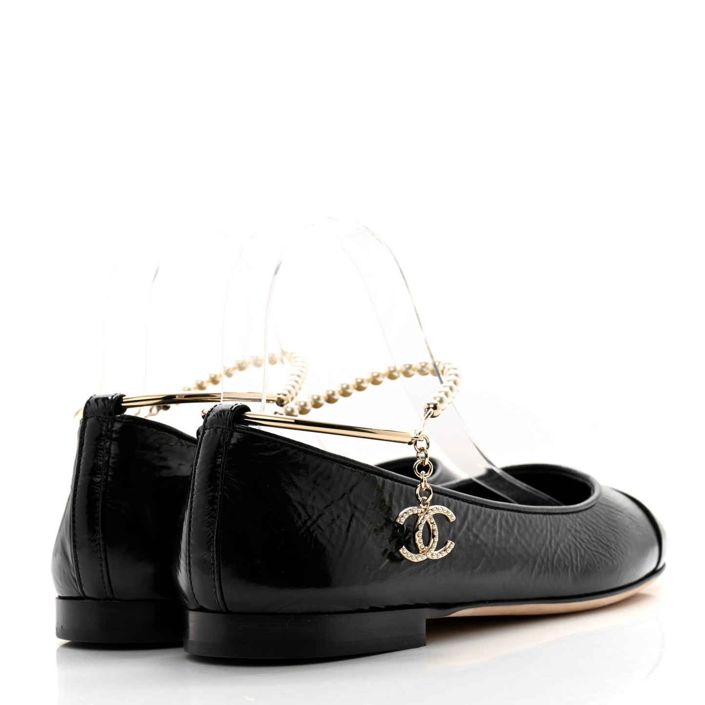 Shiny Lambskin Pearl Cap Toe Ankle Chain Ballerina Flats 39 Black