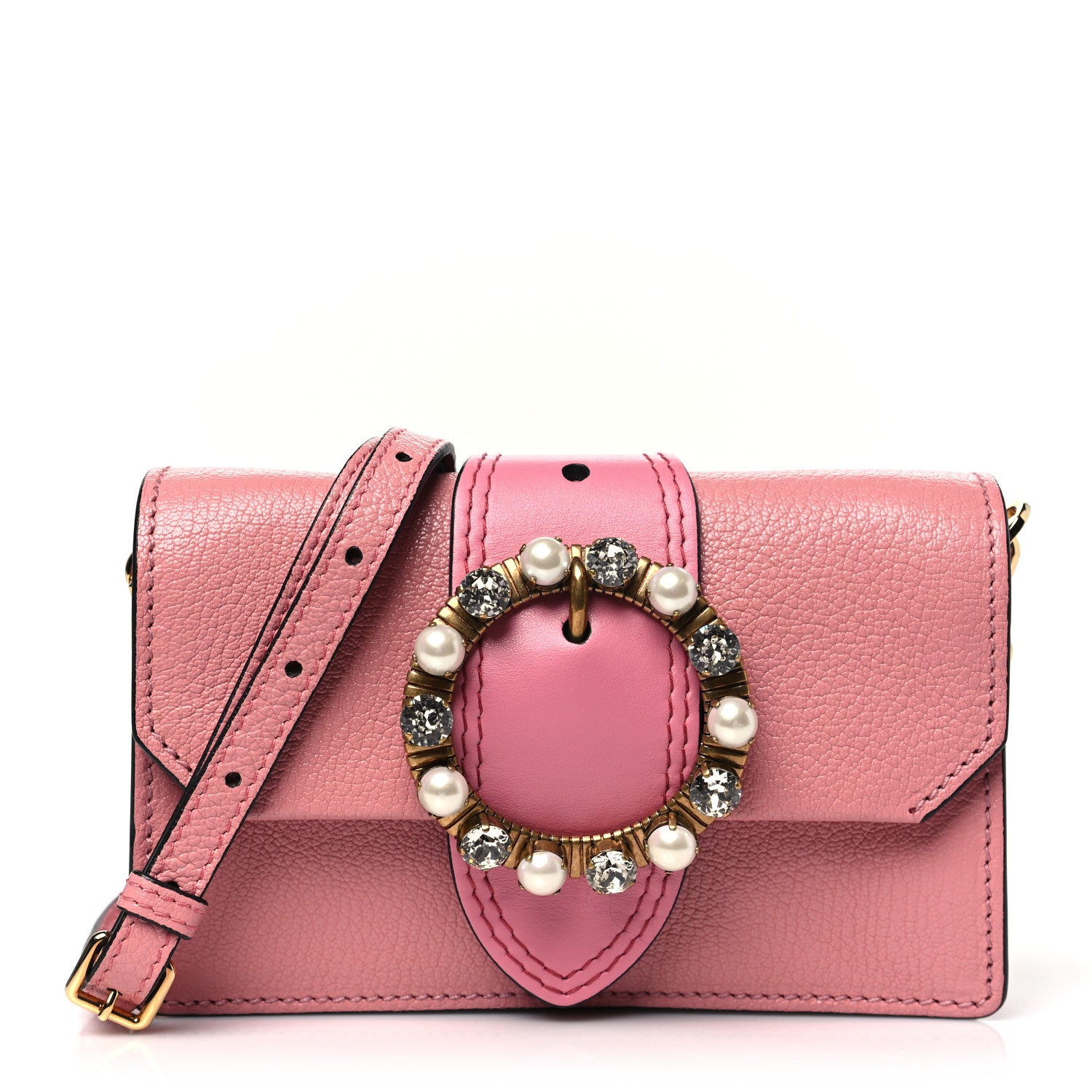 Miu Miu Goatskin Madras Soft Calfskin Crystal Pearl Embellished Shoulder Bag Rosa 1 of 10