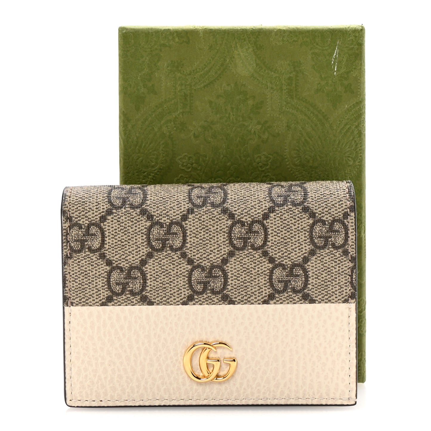 Dollar Calfskin GG Supreme Monogram GG Marmont Card Case Mystic White Beige Ebony